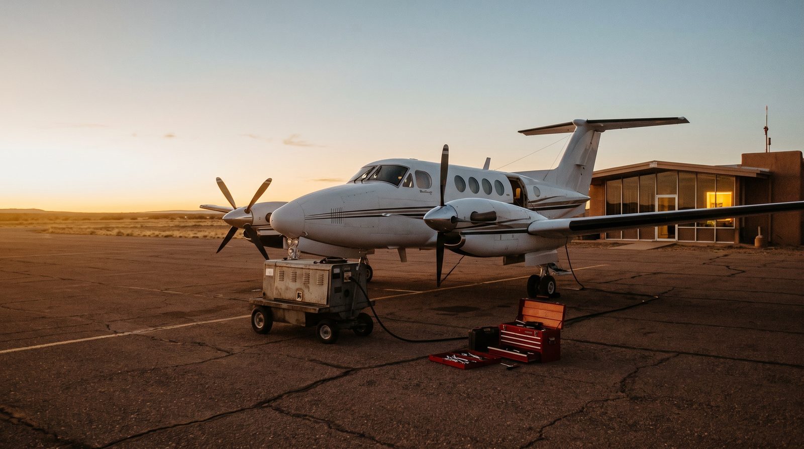 An unmarked turboprop parked outside a glass terminal at dawn, a ground power cart and an open toolbox on the apron.