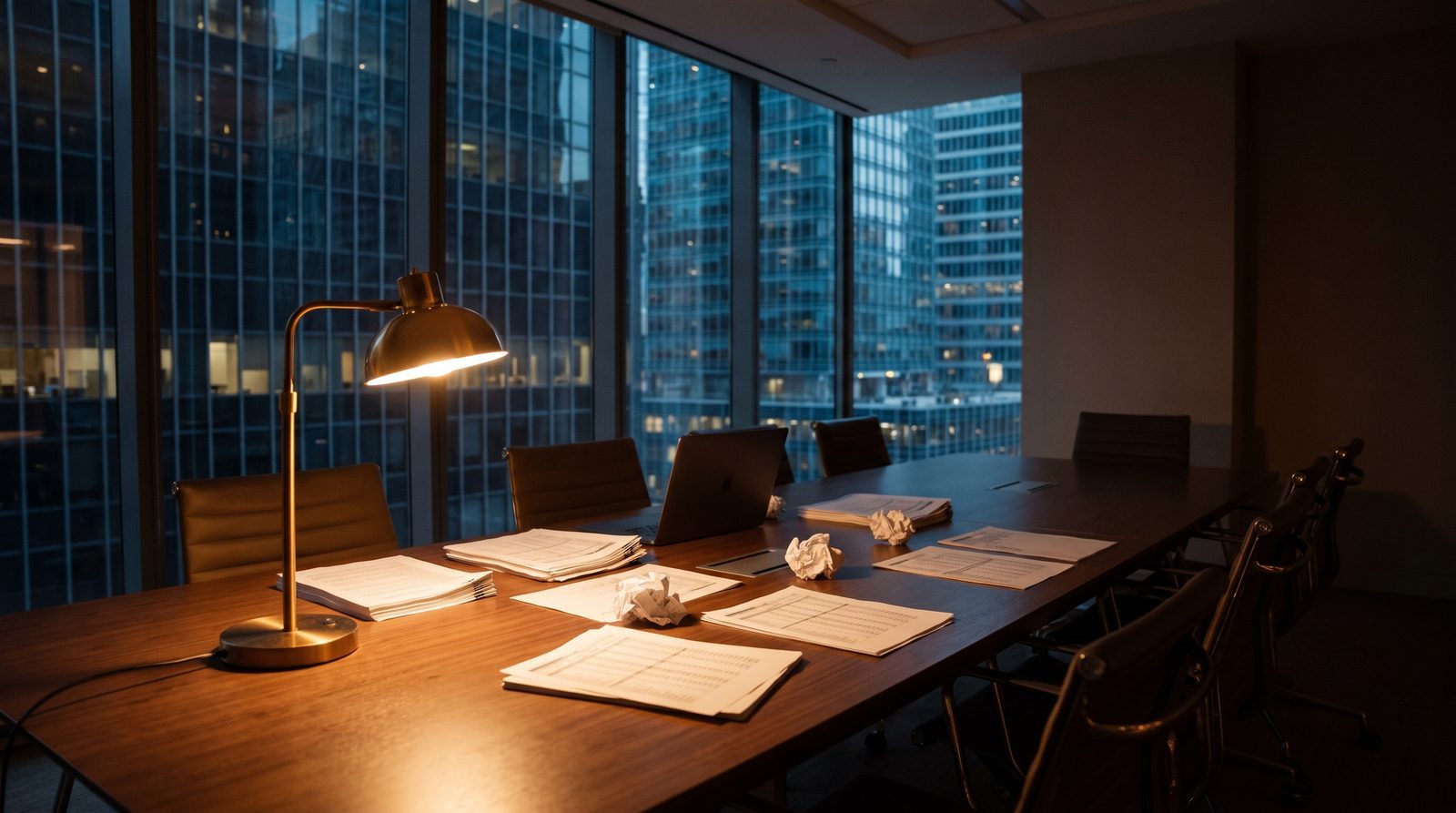 An empty boardroom at night, spreadsheets fanned across a long table under a single desk lamp, the lit city beyond the glass.