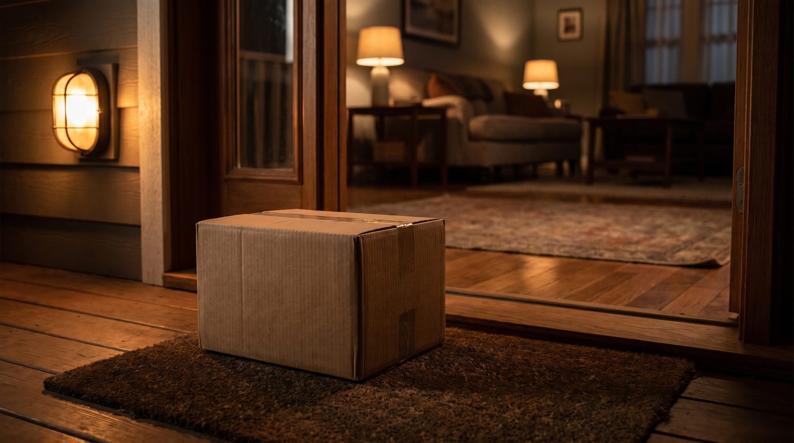 A plain unmarked cardboard book parcel on a doormat inside a front door at dusk.